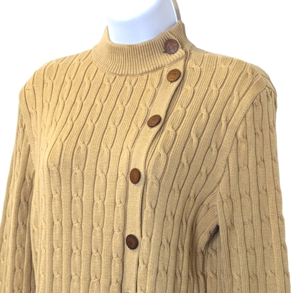 Lauren Ralph Lauren 100% Cotton Cable Knit Sweater Off Center Buttons Camel P/L - Picture 5 of 10